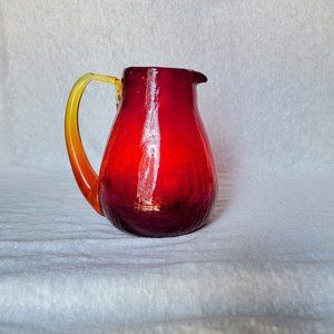Vintage Ruby Red Crackle 5.5" Glass Pitcher with Yellow Glass Handle.